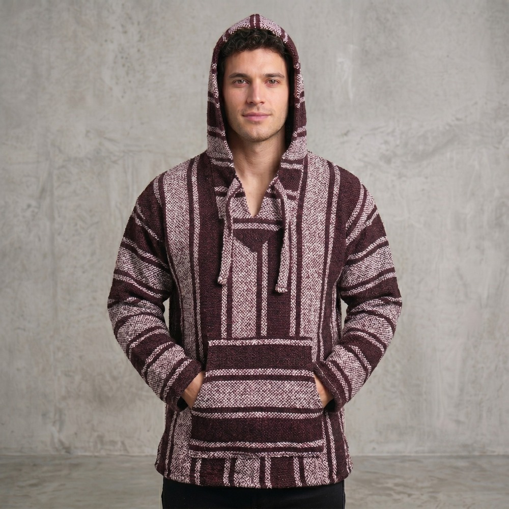 Unbranded Mens Large Maroon Striped Hoodie Baja Poncho Pullover Mexican Drug Rug